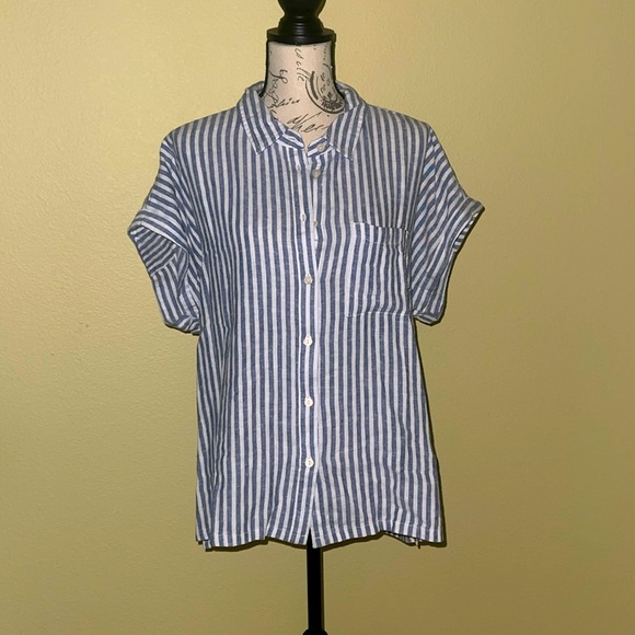 NWT Linen-Blend Short Sleeve Shirt – Blue & White | Size Large - Picture 1 of 3